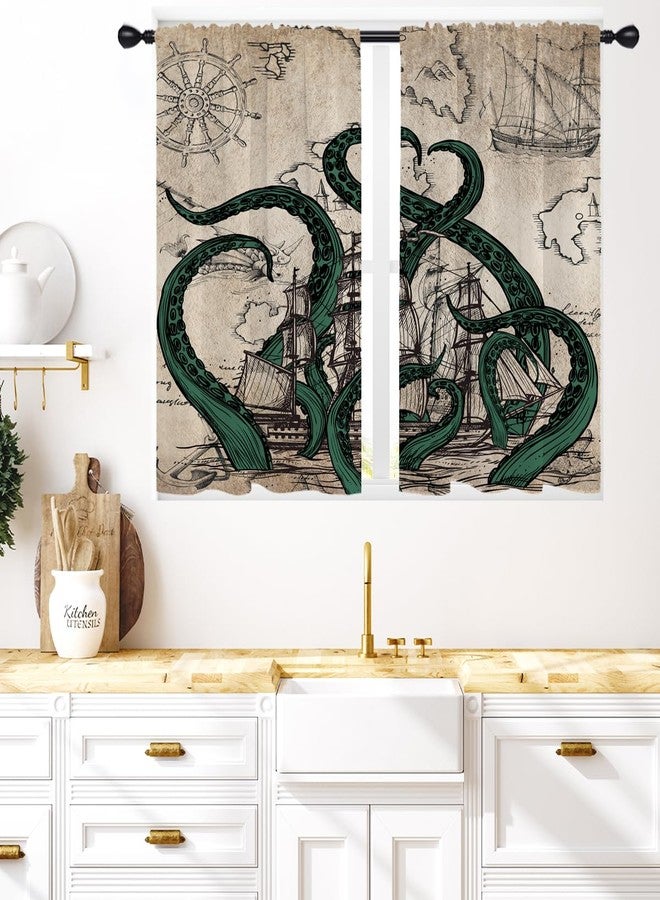 Coxila Vintage Octopus Kitchen Window Curtains 27.5 x 39 Inch Small Short Mini Cafe Rod Pocket Retro Nautical Ocean Coastal for Living Bedroom Room Home Treatment Set of 2 Curtain Panels Drapes Tiers - Image 1